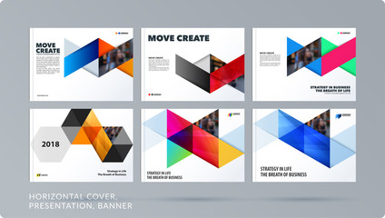 Wall Mural - Triangular design presentation template with colourful rectangles shadows. Abstract vector set of modern horizontal banners