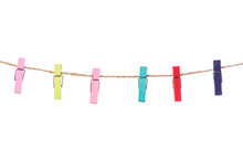 Color Clothespins Rope On White Background Isolation