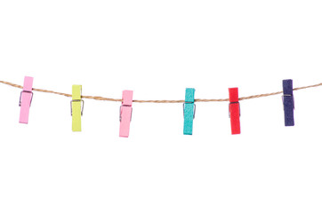 Wall Mural - Color clothespins rope on white background isolation