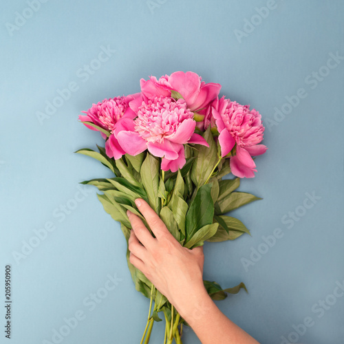 Female hand holding bouquet of pink peony flowers. Holiday background, top view.