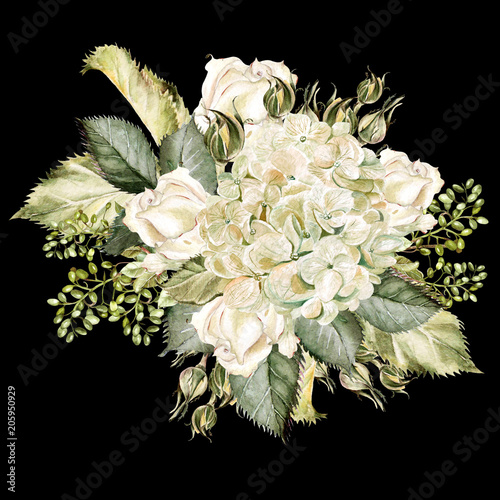 A beautiful watercolor bouquet with hudrangea and roses.