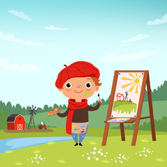 Wall Mural - Creative childrens. Little artist making pictures in the open air