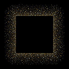 Golden splash or glittering spangles square frame with empty center for text. Gold rectangle border made of tiny uneven round dots. Abstract background. Golden blobs textured frame on black backdrop. 