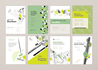 Wall Mural - Set of brochure and annual report cover design templates on the subject of nature, environment and organic products. Vector illustrations for flyer layout, marketing material, magazines, presentations