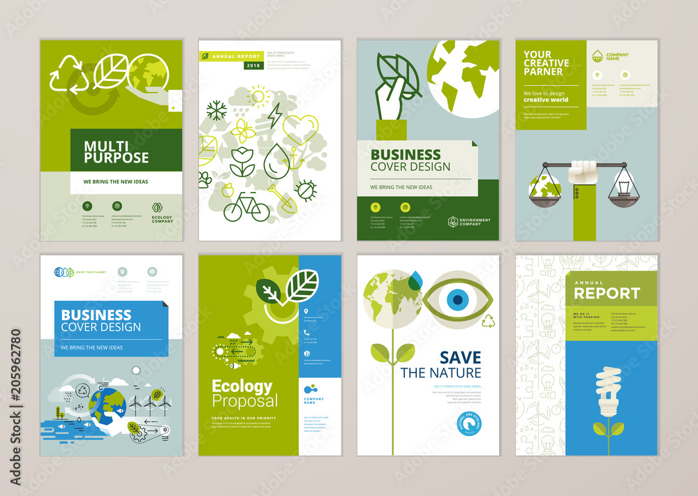 Set of brochure and annual report cover design templates of nature, green technology, renewable energy, sustainable development, environment. Vector illustrations for flyer layout, marketing material. - obrazy, fototapety, plakaty 