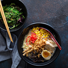 Spicy Ramen Bowls With Noodles, Pork And Chicken