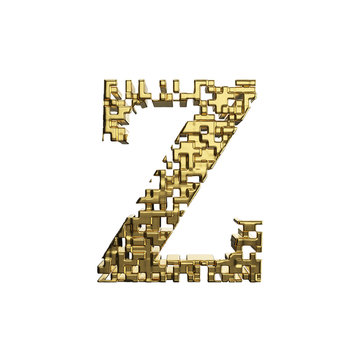 Alphabet letter Z uppercase. Golden font made of yellow metallic shapes. 3D render isolated on white background.