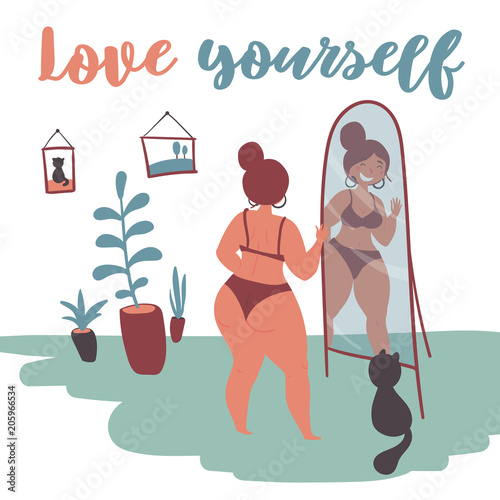 Happy Plus Size Fat Girl Looks At Herself In The Mirror Happy Body Positive Concept Love Yourself Text Attractive Overweight Woman For Fat Acceptance Movement No Fatphobia Girl Power Flat Vector Buy