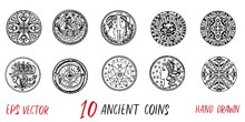 Vintage Collection With Ten Ancient Coins. Hand Drawn Doodle Engraved Illustrations With Graphic Drawings