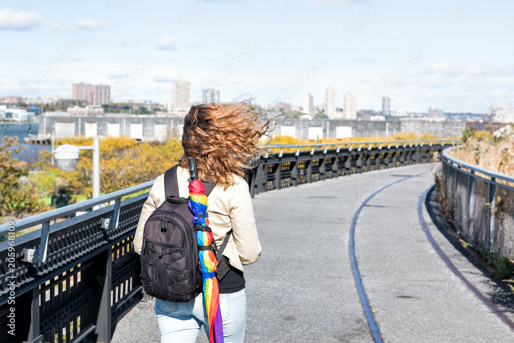 Fall Lgbtq Highline, high line, urban in NYC with people tourists woman walking ...