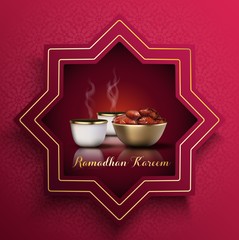 Wall Mural - Ramadan Kareem greeting card. Iftar party celebration with traditional coffee cup and bowl of dates