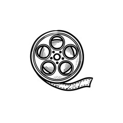 Wall Mural - Movie camera reel hand drawn outline doodle icon. Motion movie, film and cinema camera reel vector sketch illustration for print, web, mobile and infographics isolated on white background.