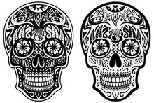 Vector Illustration Of A Black And White Sugar Skull And Its Inverse, White And Black Version.