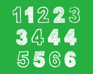 handwritten white chalk bold arabic numbers 1, 2, 3, 4, 5 6 on green background, hand-drawn chalk numerals, stock vector illustration