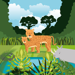 Canvas Print - wild animals in the jungle scene vector illustration design