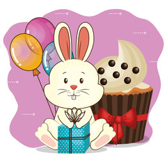 Poster - happy birthday card with cute rabbit vector illustration design