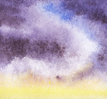 Abstract Heavy Storm Clouds Over The Yellow Horizon Strip Of Sunset Sky. Watercolor Illustration Hand Painted On Wet Paper
