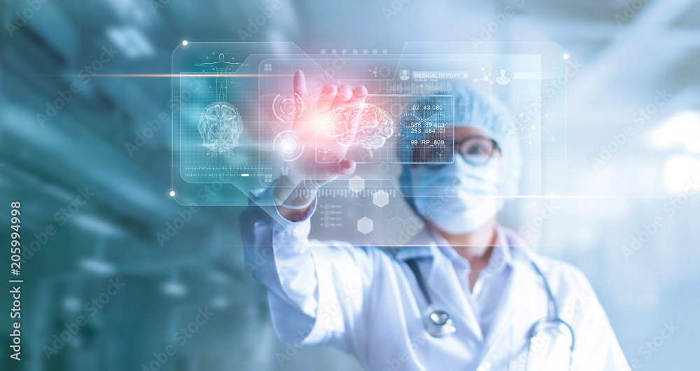 Doctor, surgeon analyzing patient brain testing result and human anatomy on technological digital futuristic virtual computer interface, digital holographic, innovative in science and medicine concept - obrazy, fototapety, plakaty 