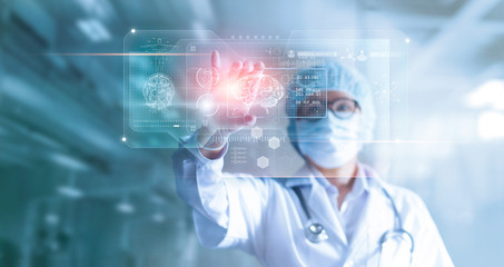 doctor, surgeon analyzing patient brain testing result and human anatomy on technological digital fu