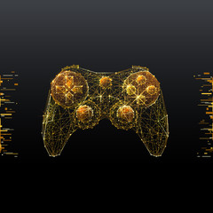 Poster - Joystick. Low poly wireframe illustration of computer games in gold style. Polygonal vector image in RGB color. Video games concept.
