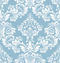 Wallpaper In The Style Of Baroque. A Seamless Vector Background. White And Blue Floral Ornament. Graphic Pattern For Fabric, Wallpaper, Packaging. Ornate Damask Flower Ornament