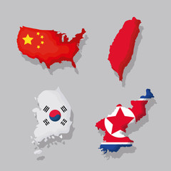 Sticker - Icon set of Asian maps and flags over gray background, colorful design. vector illustration