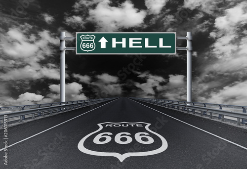 Fotografía Highway with a text Hell on the road sign. Road to Hell