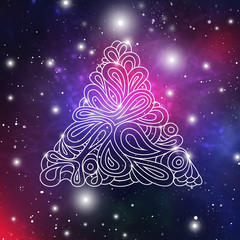 Wall Mural - wavy hipster triangle. hand-drawn triangle composed from waves and curves on galaxy background. retr