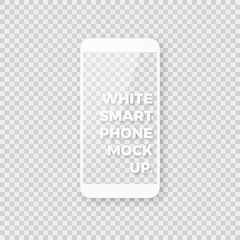 Poster - Realistic white smartphone vector mockup. Shiny clean white smart phone template with empty blank screen on checkered background.