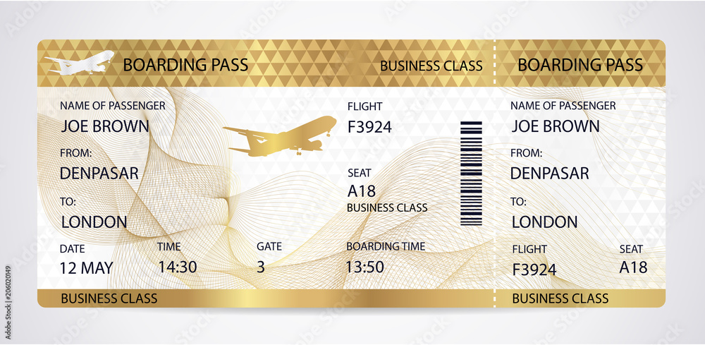 Golden Boarding pass (ticket, traveler check template) with aircraft (airplane or plane) silhouette on gold guilloche background. Travel by Aerial Transport. Vacation. Isolated vector on white - obrazy, fototapety, plakaty 