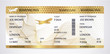 Golden Boarding pass (ticket, traveler check template) with aircraft (airplane or plane) silhouette on gold guilloche background. Travel by Aerial Transport. Vacation. Isolated vector on white