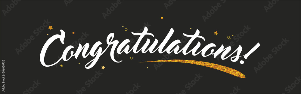 Congrats, Congratulations banner with glitter decoration. Handwritten modern brush lettering dark background. Vector Illustration for greeting - obrazy, fototapety, plakaty 