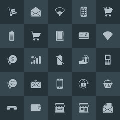Poster - Modern Simple Set of money, mobile, email, shopping Vector fill Icons. Contains such Icons as basket, wireless, store, business,  buy,  sale and more on dark background. Fully Editable. Pixel Perfect.