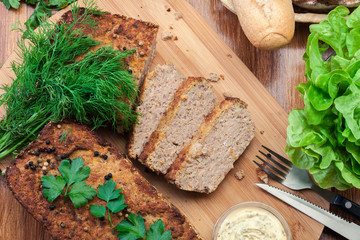 Sticker - Traditional delicious meat pate with chicken liver on cutting board