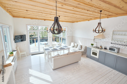 Wide Angle Of Modern Open Living Room Interior Overlooking