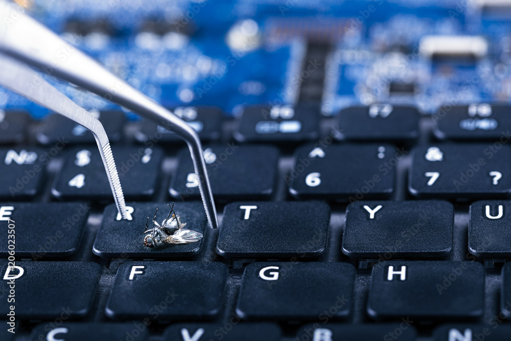 Tweezers remove the virus out of the computer.Insect virus on keyboard ...
