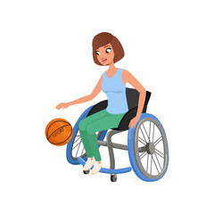 Canvas Print - Cute athlete woman with physical disabilities playing in basketball. Active lifestyle. Young girl in wheelchair. Flat vector design