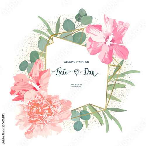 Floral Set With Peony Hibiscus And Eucalyptus Wedding Invitation Save The Date Rsvp Invite Card Vector Illustration Celebration Template Watercolor Style Buy This Stock Vector And Explore Similar Vectors At Adobe
