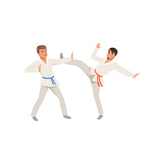 Wall Mural - Two young men in kimonos training karate blows. Martial art. Active people. Flat vector design