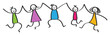 Kinder springen hoch, fünf Mädchen und Jungen mit bunter Kleidung, Strichfiguren halten sich an den Händen