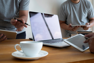 Poster - Laptop with blank screen on table. Workspace background new project on laptop computer with blank copy space screen for your advertising text message