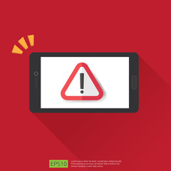 Poster - mobile phone with attention warning alert sign with exclamation mark symbol on screen. shield line icon for Internet VPN Security protection Concept vector illustration.