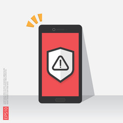 Poster - mobile phone with attention warning alert sign with exclamation mark symbol on screen. shield line icon for Internet VPN Security protection Concept vector illustration.