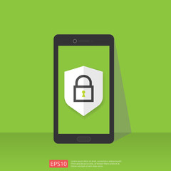 Poster - mobile phone with shield padlock protection sign mark icon symbol on screen. Mobile Internet VPN Security protection Concept vector illustration.