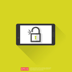 Poster - mobile phone with open unlock padlock icon. attention access warning alert mark on screen. shield safe secure of personal user authorization, VPN internet protection. vector illustration