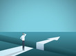 Business challenge and solution vector concept with businessman standing over big gap. Symbol of overcoming obstacles, strategy, analysis, creativity.