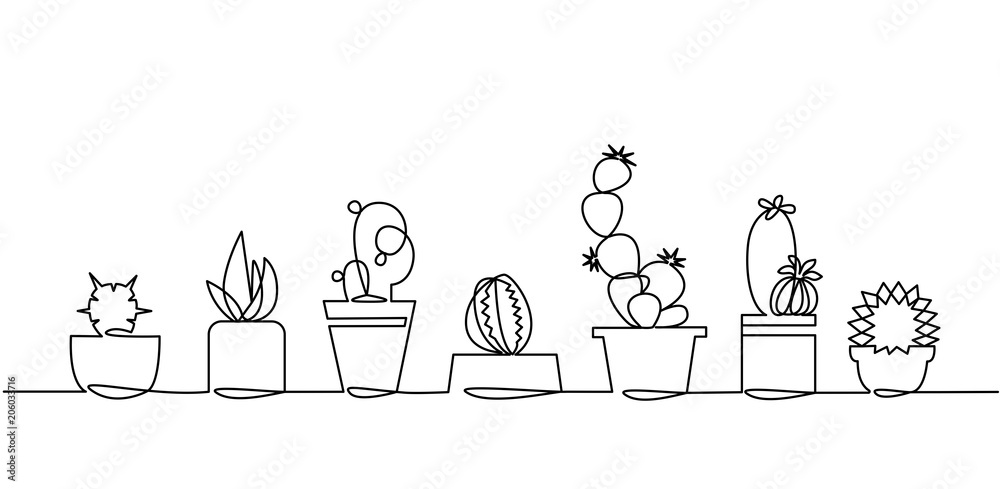 Continuous Line Drawing of Vector Set of Cute Cactus Black and White ...