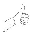 One line drawing of hand showing great sign. Continuous line finger up. Hand-drawn vector illustration of linear like gesture.