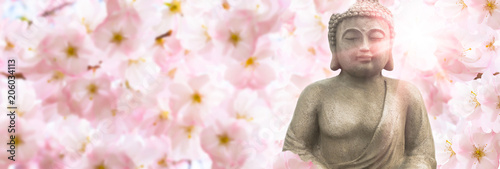 Cuadros en Lienzo buddha sculpture in sunshine under the flowering cherry blossoms