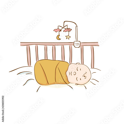 A cute newborn is sleeping in a crib. Vector cartoon illustration Buy